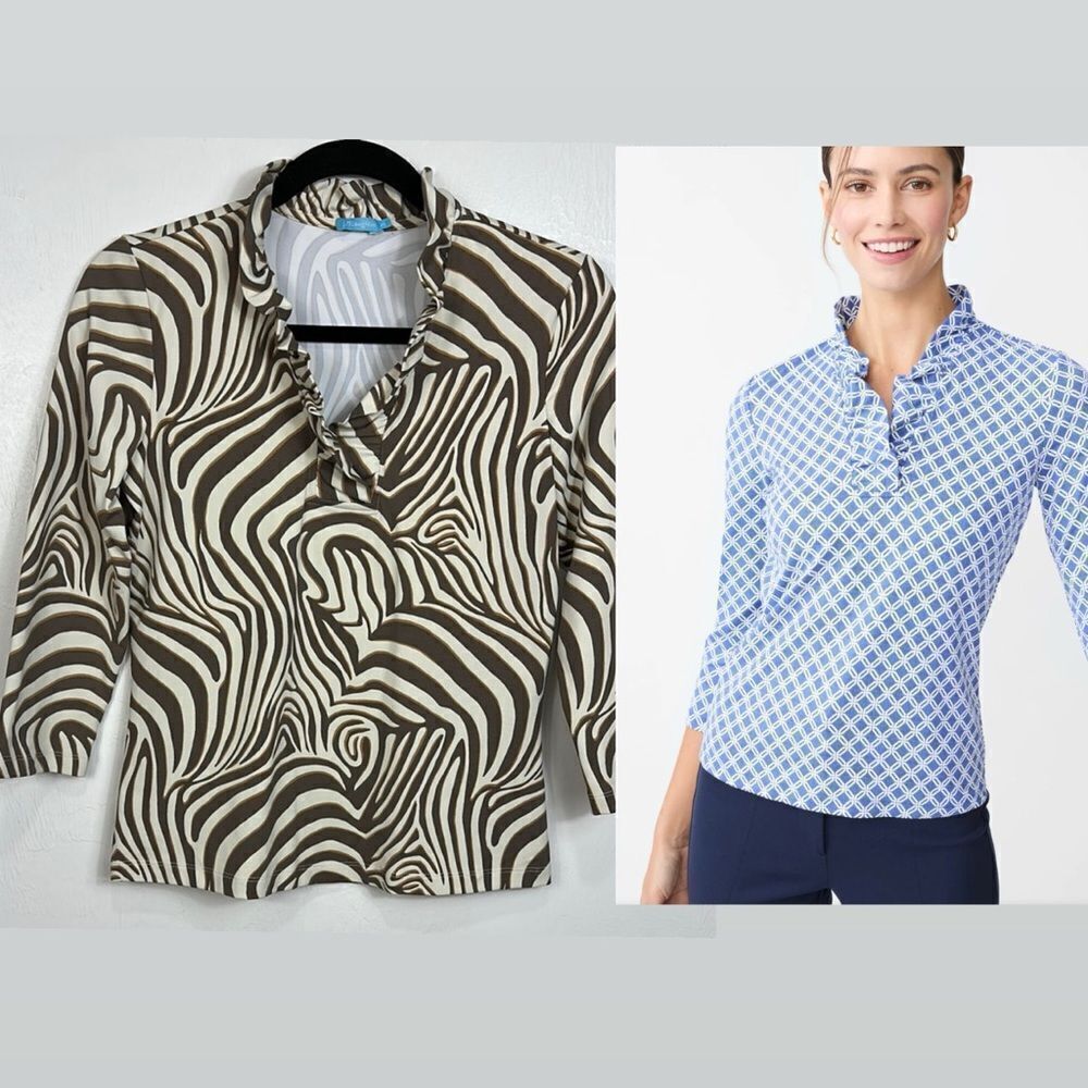 J. McLaughlin Durham Ruffle Brown And White Blouse Top Size XS